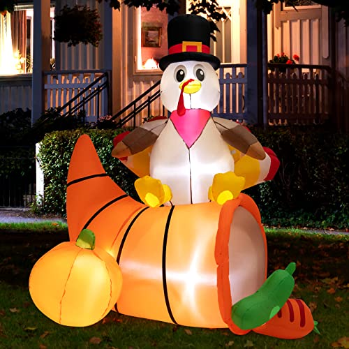 Tangkula 6 Ft Thanksgiving Inflatable Turkey On Cornucopia, Blow-Up Turkey With Bright Led Lights, Sandbag, Ground Stakes, Ropes, Waterproof Harvest Autumn Decoration For Family, Yard, Lawn, Party #TOP1