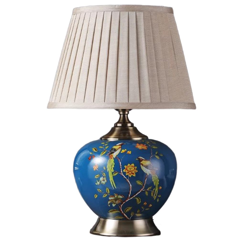 SANBDDLYY Hand-Painted Floral Ceramic Table Lamp - Traditional Chinese Design Pleated Shade for Bedroom, Living Room, and Office