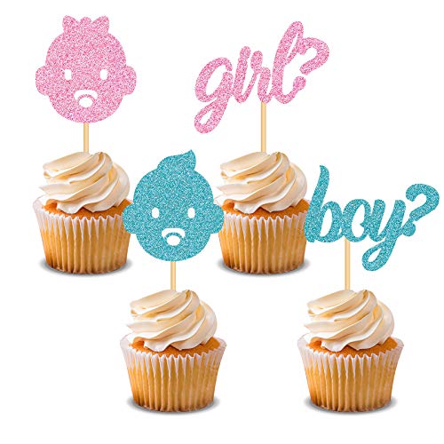 24PCS Boy or Girl Cupcake Toppers Glitter Picks for Baby Shower Gender Reveal Party Decorations