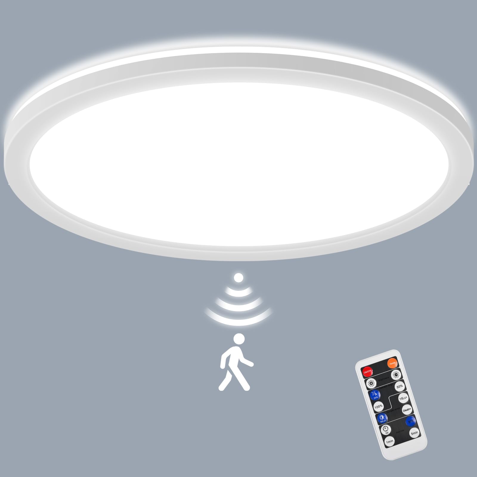 LEZOE LED Deckenleuchte mit Bewegungsmelder Dimmbar, 30W 3300LM Radar Sesor Deckenlampe Dimmbar, 3000K/4000K/6500K Sensorlampe Für Badezimmer, Garage, Treppen, Keller, Flur, Balkon, Diele φ39*2.5cm