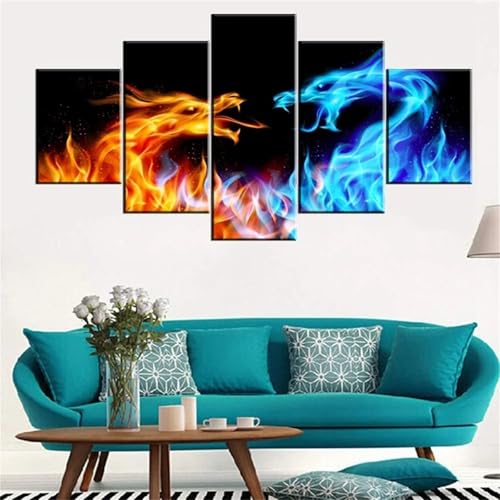 5D Diamond Painting Kit Complet Dragon de Feu 5 Pièces Broderie Diamant Grand Format 150x75cm