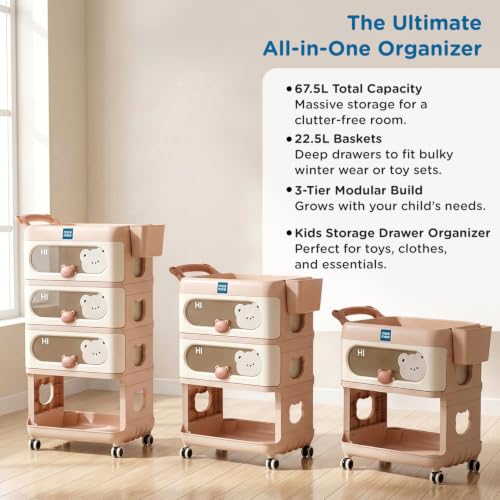 Image of Mee Mee My Teddy Storage Drawer Organizer | 3 Drawer Baby Storage Cabinet | 67.5L Storage Capacity | PP Plastic Organizer with Wheels | Nursery & Kids Storage Solution