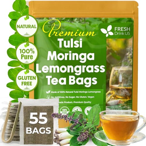Image of FreshDrinkUS, Premium 55 Tea Bags Tulsi Moringa Lemongrass, 100% Natural & Pure from Tulsi Holy Basil Leaves, Moringa & Lemongrass. Made with Natural Material Tea Bags. No Sugar, No Caffeine, Vegan.