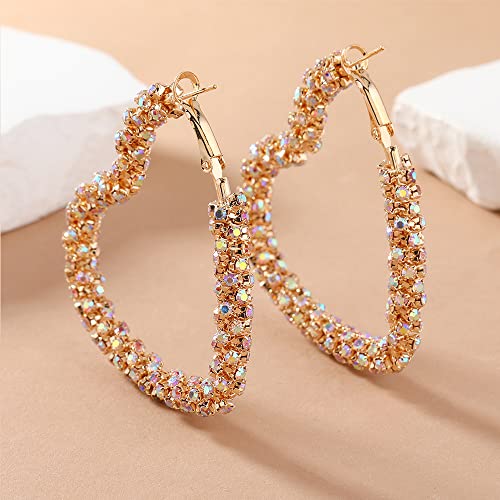 Shiny Big Heart Hoop Earrings for Women Girls Boho Rhinestone Wrapped Huggie Hoops Dangle Earring Lightweight Comfortable Sparkle Wedding Christmas Birthday Jewelry Gifts 50mm4