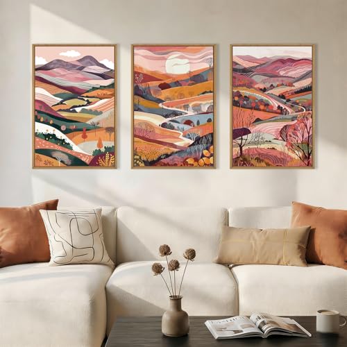 Image of KAIRNE Boho Colorful Mountain Framed Canvas Wall Art Set,Abstract Pink Landscape Wall Decor,Watercolor Forest Art Prints,Nature Scenery Artwork for Living Room,Bedroom,Farmhouse,Office-16 x24 x3