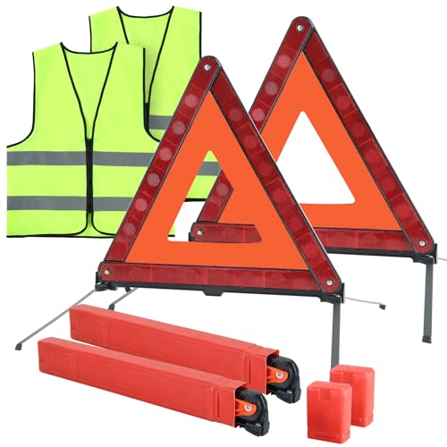 AMGSH 2 Pack Emergency Triangle + 2 Pack Reflective Vest, Foldable Reflective Emergency Triangles Roadside with Reflective Warning Vest, Base Roadside Triangle Kit, Roadside Emergency Car Kit