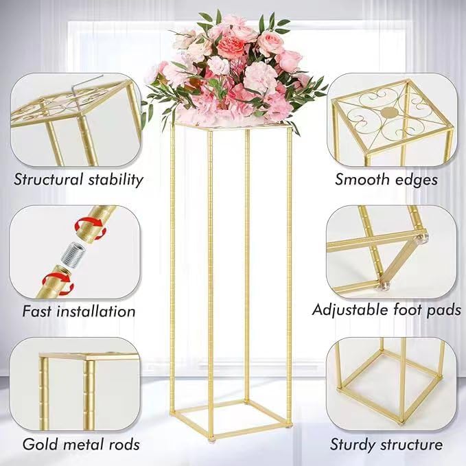Miniatura 7 de 2 soportes de flores doradas para bodas, soporte de jarrones de columna de metal dorado brillante, estante rectangular de exhibición de flores para