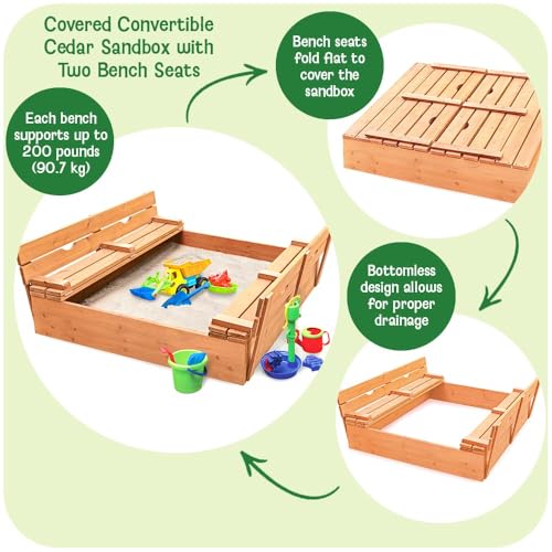 Badger Basket Wooden Sandbox with Cover & Folding Benches - Outdoor Sand Box for Kids & Toddlers, Large Backyard Sand Pit Playset with Convertible Lid, (46.5 x 46.5 x 9.5 Inches) - Natural by Badger Basket - Image 2