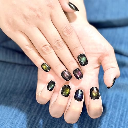 Sun&Beam Nails Handmade Press-On Short Round with Black Colorful Magnetic Design Charm Cat Eye Cute False Nail Tips 10 Pcs (#91 M) - Image 2