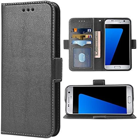 Compatible with Samsung Galaxy S7 Wallet Case and Wrist Strap Lanyard and Leather Flip Card Holder Stand Cell Accessories Mobile Phone Cover for Glaxay S 7 7s GS7 SM-G930V G930A Women Men Black