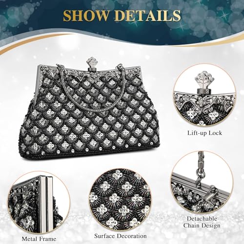 Image of UBORSE Women Vintage Floral Beaded Rhinestone Embroidery Clutch Evening Handbag Wedding Party Purse Vintage Bags