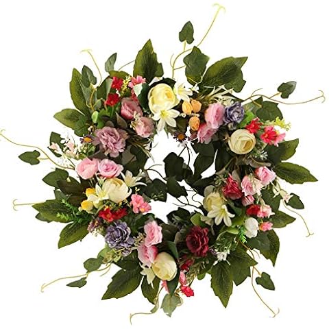 HooAMI 20" Door Wreath, Artificial Colorful Flower Front Door Wreaths for Spring Summer All Seasons, Floral Wreath Garland For Home Office Wall Decoration Wedding Party Festival Decor Cover