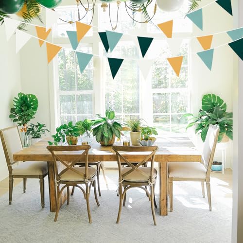 Image of Zwiebeco 39Ft Dark Green Gold White Fabric Bunting Banner Triangle Flags Cotton Garland Pennant for Forest Wild One Safari Birthday Wedding Baby Shower Outdoor Garden Decorations