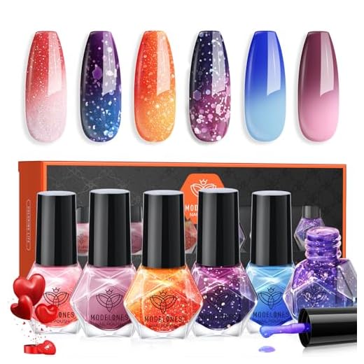 modelones Color Changing Nail Polish Set, 6 Colors Pink Blue Purple Orange Neon Mood Temperature Change Ombre Quick Dry Mini Manicure Kit DIY Nail Art Salon Gifts For Women Girls