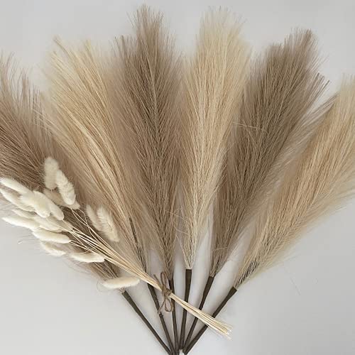 NandaFer Faux Pampas Grass Small, Short Pampas Grass, Mini Pampas Grass Fake 18''- 6 Stems-Beige and Taupe-Brown with 10 Ovatus Bunny as a Bonus Artificial Pampas Grass