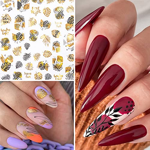 9 Sheets Luxury Gold Nail Art Stickers Decals,3D Self-Adhesive Designer Nail Decals Bronzing Metallic Maple Leaf Flower Abstract Rose Laser Glitter Nail Design For Women Manicure Diy Decorations #TOP2