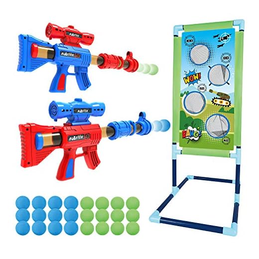 SpringFlower Shooting Game Toy for 5 6 7 8 9 10+ Years Olds Boys,2pk Foam Ball Popper Air Toy Guns with Standing Shooting Target,24 Foam Balls, Ideal Gift