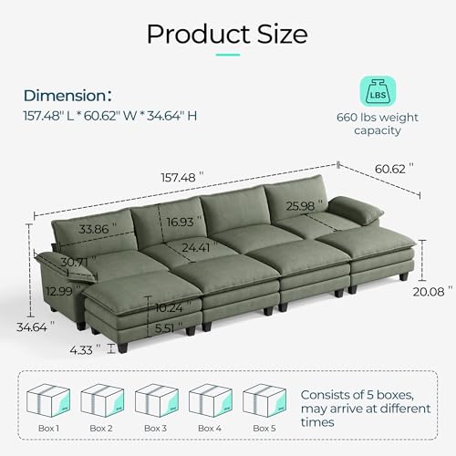 Image of LINSY HOME 157'' Modular Sectional Sofa 4 Seat Couch Corduroy Cloud Couch with Deep Seat, Modern Cloud Couch with 4 Movable Ottoman for Living Room, Office, Bedroom, Green