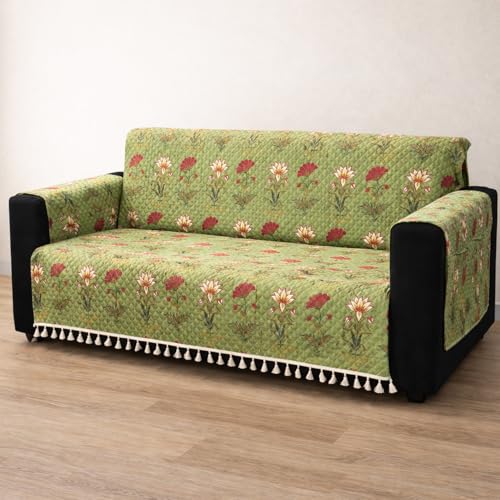 Image of House of Quirk IKATRA Series Quilted Printed Sofa Cover for Indian Sofa Set with Side Pocket - Premium Washable, Anti-Slip, Durable & Ultra Soft Fabric Protector (Green Lotus, Two Seater)