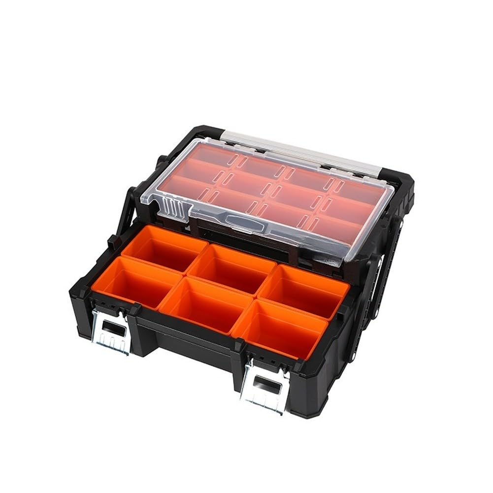 Cassetta degli attrezzi con scomparti, maniglia in alluminio portatile, fibbia magnetica, resistente plastica PP, 46 x 24 x 14,5 cm, per fai da te, officina, garage