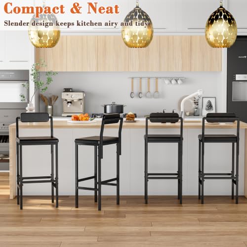 Set de 2 butacos para isla de cocina, butacos modernos de cuero sintético negro con respaldo, estilo industrial simple para cocina, comedor y bar en casa miniatura 3