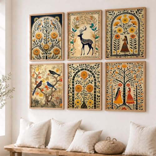 Image of kotart Premium Digital Madhubani Art Paintings with Frame for Home Decor - Framed Painting Living Room Bedroom Office - Wall Decoration - Pack of 6 (14X20 Inch, C)