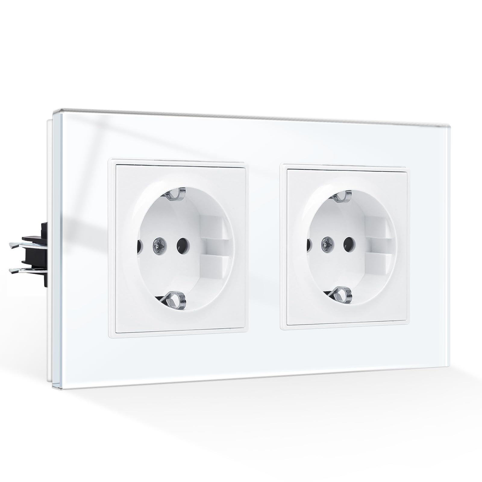CNBINGO Doppelsteckdose Unterputz mit Krallen, Schuko Steckdose Gehärteter Glasscheibe, Weiß Schutzkontakt Wandsteckdose, 2-Fach, 16Amp, 250V