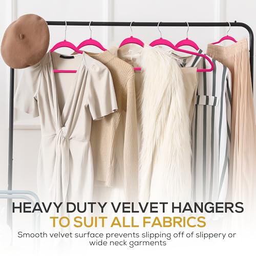 Image of Techzoo Premium Velvet Hangers 50 Pack Ultra Thin Non Slip Adult Felt Space Saving Suit Hanger for Closet Heavy Duty Coat Pants Jackets Dress Hangers 360 Swivel Hook Hold Upto 10 lbs Dark Pink
