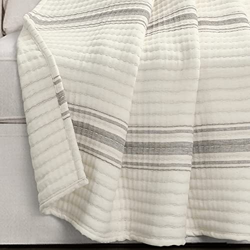 Image of Lush Decor Farmhouse Stripe Kantha Pick Stich Yarn Dyed Cotton Woven Throw Reversible Ticking Pinstripe Design Blanket, 50 inch x 60 inch, Gray