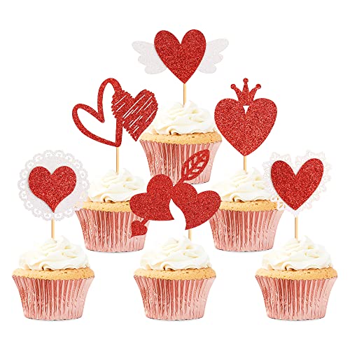 Ercadio 24 Pack Red Heart Cupcake Toppers Glitter Valentine’s Day Heart Cupcake Picks Wings Heart Cupcake Decors for Bridal Shower Engagement Party Cake Decors Supplies