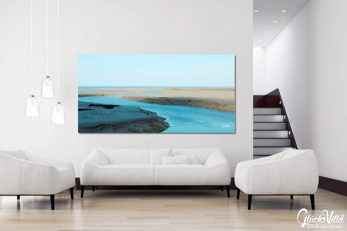 Glücksvilla - Wasserwege am Meer (Leinwand-Bild 2 cm, 160 x 80 cm) | div. Maße - aus DE - Kunstdruck Deko Wandbild quer - Frankreich Bretagne Atlantik Priel Siele Ebbe Flut Küste maritim türkis