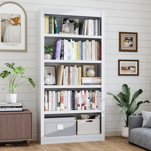 Image of 5 Tier Metal Bookshelf, 69 inch Tall Heavy Duty Bookcase with Adjustable Shelves, Industrial Display Storage Shelves for Home Office, Living Room, Study, White