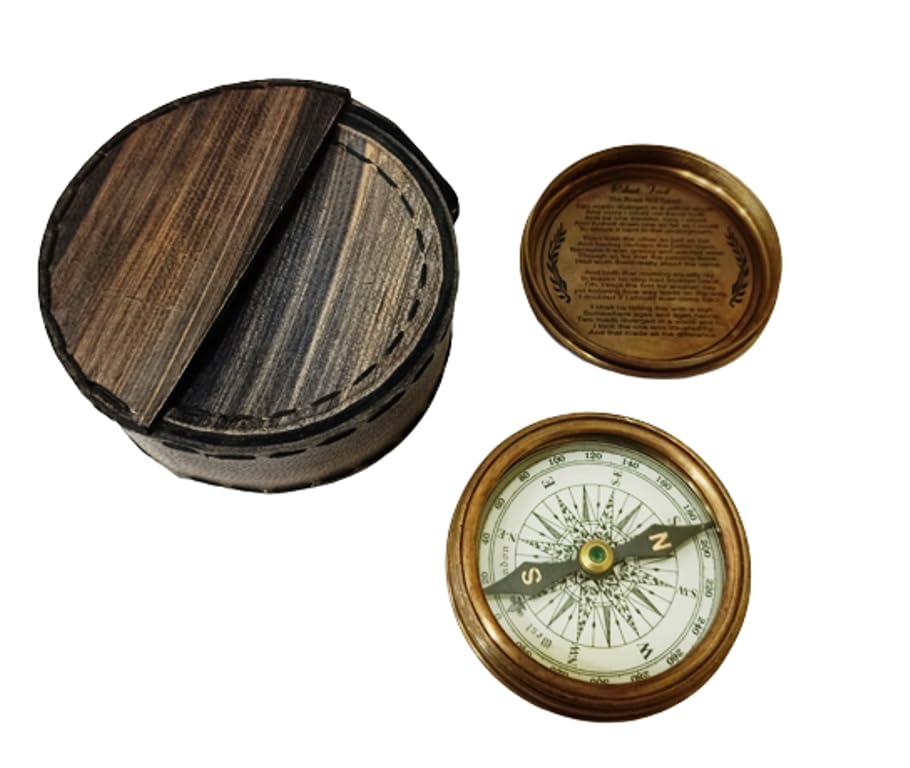 Antique Brown Finish Brass 2 Inch Compass Maritime 1885 Compass with Leather Case/Vintage Brown Antique Robert Frost Poem-image-5