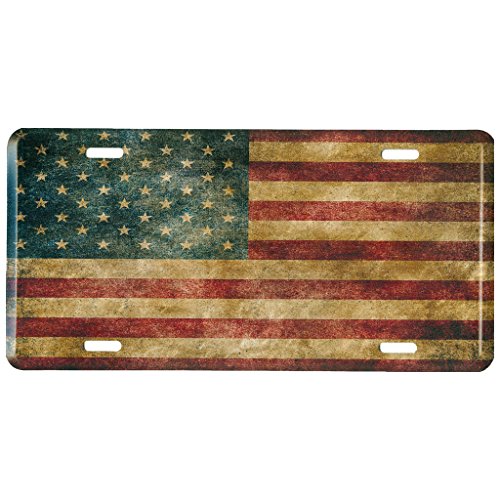 Distressed American Flag Metal Front License Plate, Vintage USA Auto Tag for Car, Truck, RV, Trailer, 6 x 12 inches