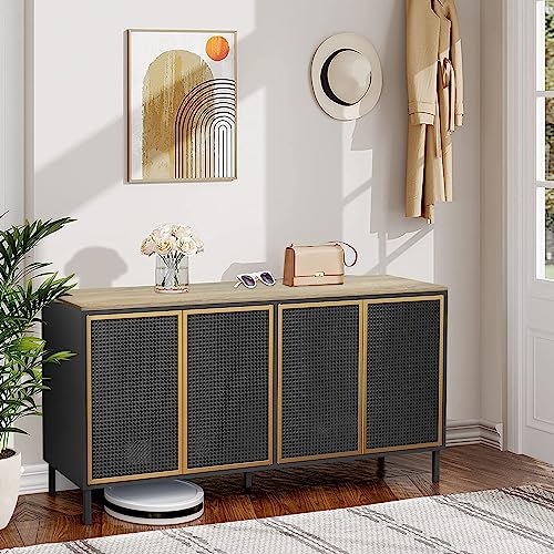 Nosga Buffet Cabinet, Rattan Kitchen Cabinet With Adjustable Shelves, Television Table With 4 Iron Rattan Doors, Buffet Table Storage Cabinet For Kitchen Dining Room Living Room Hallway (Black Gold) #TOP2