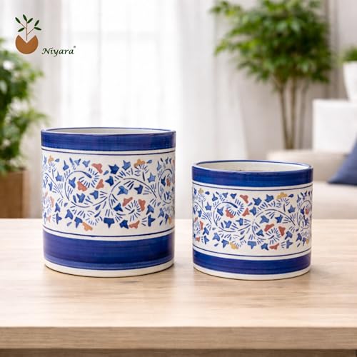 Image of Niyara Decorative Blue Floral Print Balti Flower Pots, Indoor & Outdoor Ceramic Planters (Set of 2)
