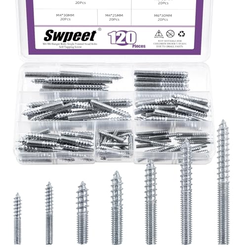 Swpeet 120 pièces 7 tailles M4 M6 Zinc Kit combiné de de suspension, boulons à double tête, vis autotaraudeuse de suspension, de vis de tige filetée joints