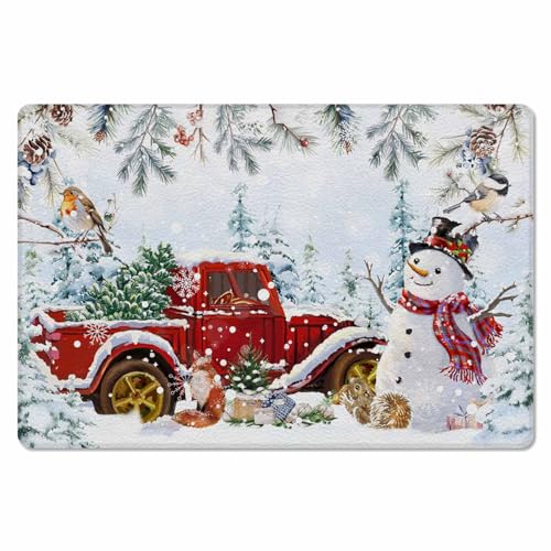 Snowman Blue Kitchen Bath Door Mat Cushioned Runner Rug,Washable Welcome Floor Sink Antifatigue Mat,Waterproof & Non-Slip Comfort Standing Doormat,Christmas Red Truck Snowy Pine Xmas Tree 20