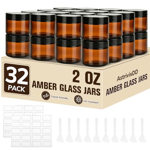 32 Pcs 2 oz Glass Jars with Lids Amber Glass Jars with 40 Labels & 10 Spatulas Inner Liners LeakProof UV-Protective Round Glass Containers for Essential Oils Spices Candle Making DIY