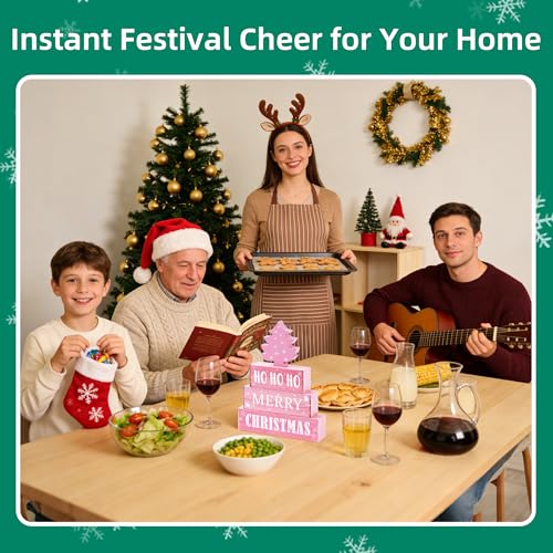 Image of 4 Pcs Christmas Wooden Tiered Tray Decor, Pink Merry Christmas Tree Decorations Gifts for Home, Winter Table Centerpiece for Xmas Party Kitchen Office