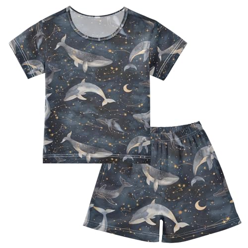 ALAZA Whale Moon Starry Constellation Pajamas Set Short Sleeve Cotton Sleepwear Summer Pjs 2 Piece 5-14Y