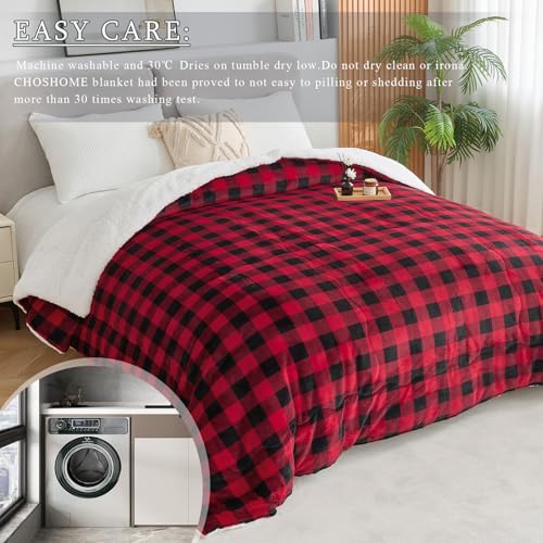 CHOSHOME Sherpa Fleece Blanket- Thick Warm Blanket for Winter, Soft Fuzzy Plush Blanket for Bed, Couch, Travel (Checker Red, King 90" x 108")