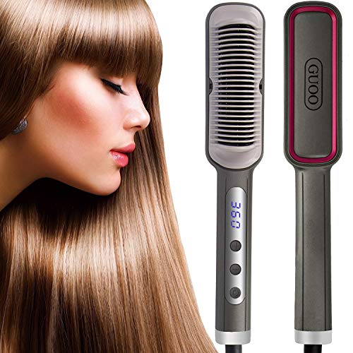 GUOO Hair Straightener Brush Hair Straightening Iron with Built-in Comb Dual for Curly Straight 20s Fast Heating & LED Settings & Anti-Scald Perfect for Salon Home Travel (Gray)