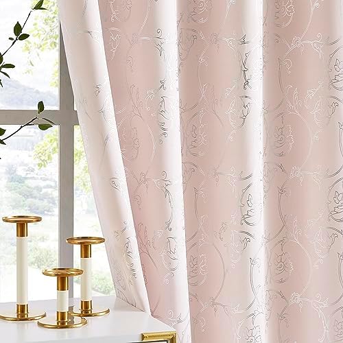 Full Blackout Curtains 95 Inch for Bedroom, Pink Drapery with Silver Metallic Floral Scroll Pattern Room Darkening Curtains for Living Room, Vine Printed Vintage Thermal Insulated Drapes, 2 Panels