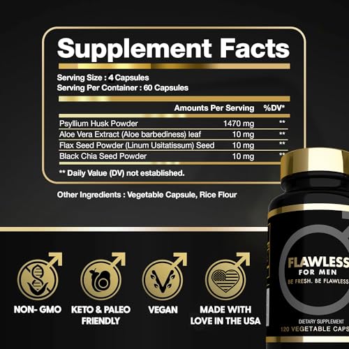 FLAWLESS FOR MEN: Be Ready Male Fiber Supplement | Support Gut Health with Psyllium Husk, Flax & Chia Seeds for Relief of IBS Symptoms | Digestive Cleanliness | 120 Vegan Capsules - Image 5
