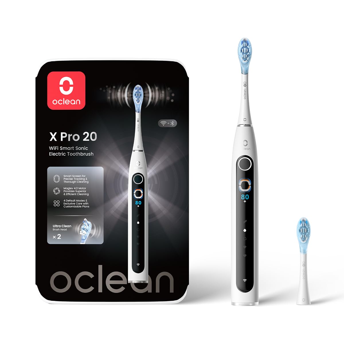 Oclean Brosse à dents électrique X Pro 20, 4 modes de brossage, Brosse à Dents Sonique avec écran tactile, 12 zones de suivi, 84 000 mouvements/minute, 40 jours d'autonomie - Blanc