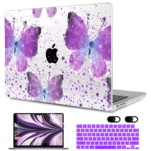 MEEgoodo Case for MacBook Air 13.6 inch Case 2022 Released A2681 with M2 Chip, Laptop Hard Shell Cases with Keyboard Cover & Screen Protector Compatible with MacBook Air M2 Case, Purple Butterfly