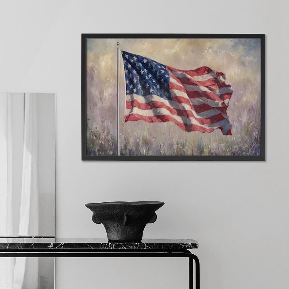 Framed Patriotic American Flag Wall Art-4th Of July Usa Samsung Frame Tv American Flag Painting Poster For Patriot Room Decor-Neutral Floral Art Print Picture For Apartment Decor