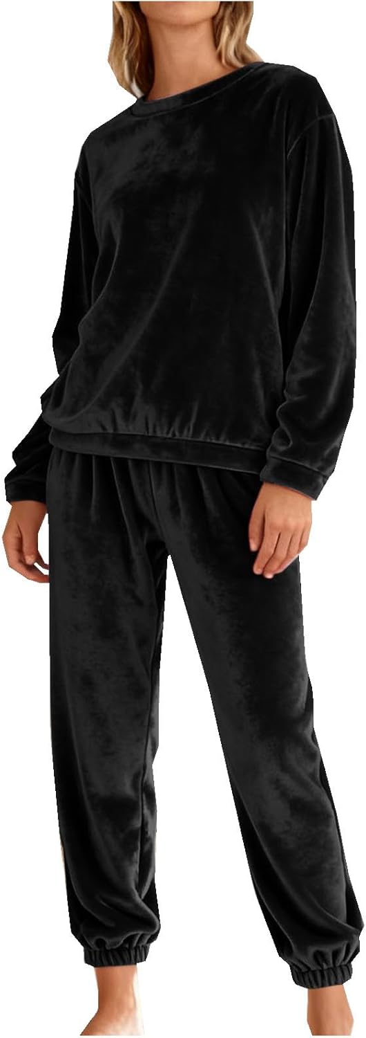 Womens Pajamas Sets Long Sleeve Soft Sleepwear 2 Piece Velvet Pjs Lounge Sets Pullover Top Long Pants with Pockets