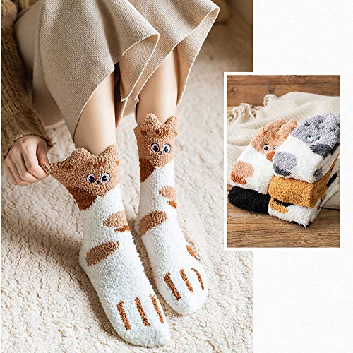 Fuzzy Socks For Women Teen Girls Long Cute Cartoon Animal Cat Paw Plush Coral Fleece Slippers Socks3